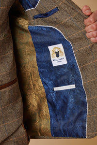 Heren 3-delig visgraat tweed bruin geruit pak, getailleerde pasvorm, dubbele klassieke pasvorm