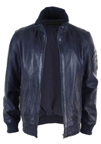 Real Leather Autumn Jacket with High Neck for Mens - Navy Color