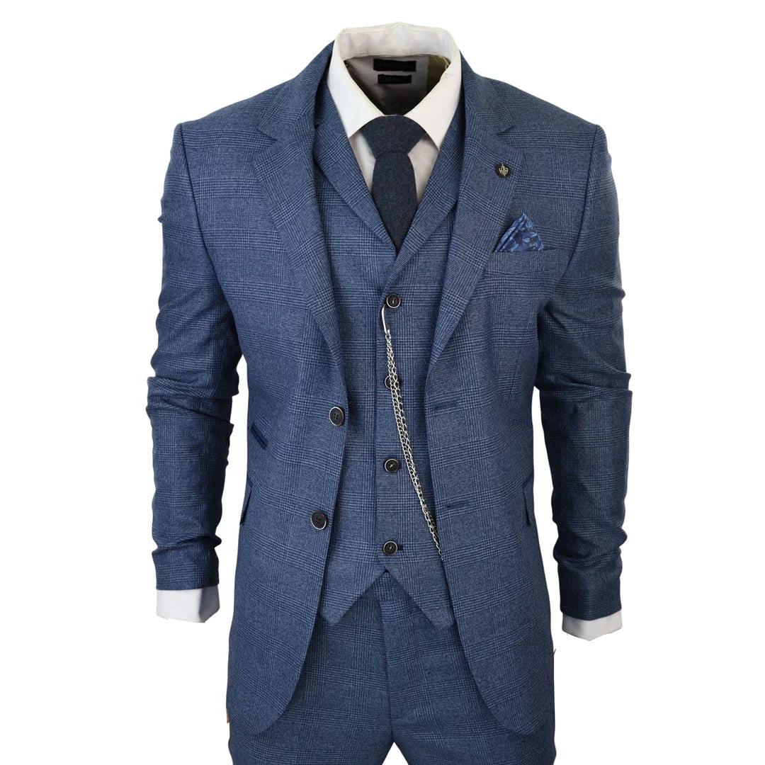 AK-09 Men's 3-Piece Tailored Blue Prince of Wales Check Suit