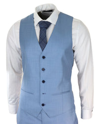 Mens Light Blue Sky 3 Piece Suit Classic Stitch Wedding Summer Prom Classic