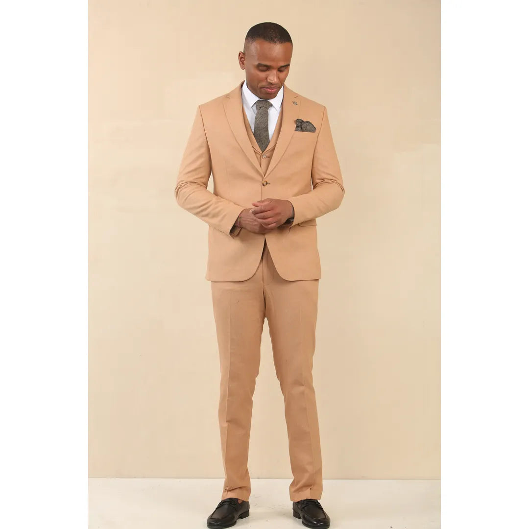 TP-23 - Men's Camel 3 Piece Linen Summer Wedding Suit