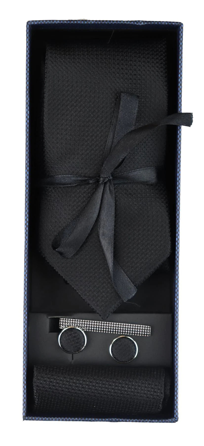 Satin Silk Textured Black Tie Gift Set Pocket Square Cuff Links Tie Matt Satin