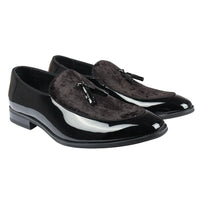 Men's Slip On Tassel Velvet Detailed Patent Black Loafers