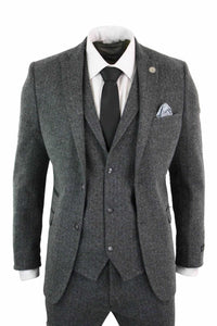 Men's Charcoal Grey 3 Piece Tweed Herringbone Suit - STZ11