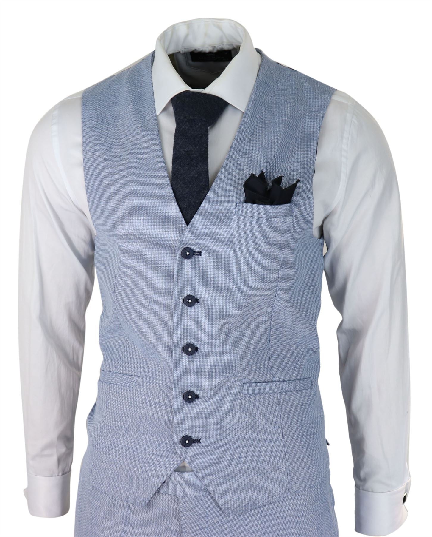 Mens 3 Piece Suit Light Blue Summer Linen Tailored Fit Wedding Prom Classic