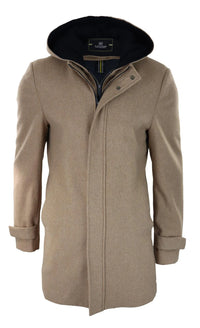 Mens 3/4 Long Overcoat Camel Jacket Coat Removable Hood Smart Casual Winter Warm Wool