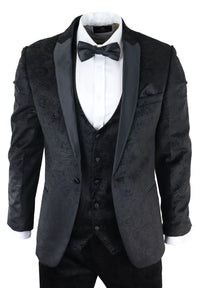 Mens Marc Darcy Velvet Paisley Black Fit 3 Piece Suit Tuxedo Dinner Jacket Wedding