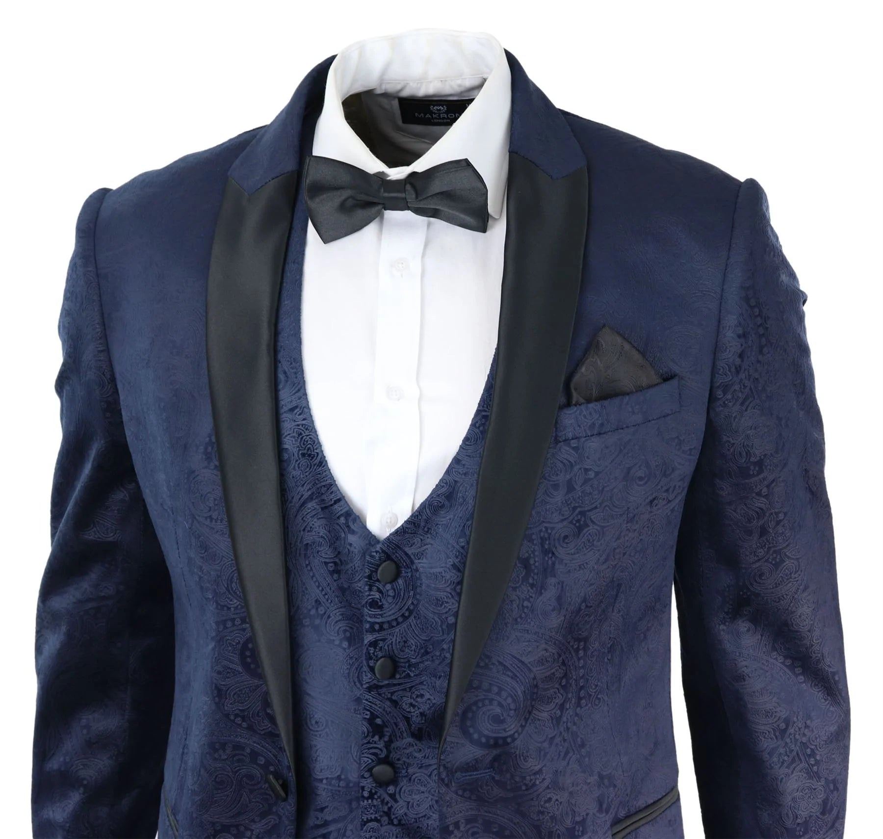 Mens Marc Darcy Velvet Paisley Blue Fit 3 Piece Suit Tuxedo Dinner Jacket Wedding