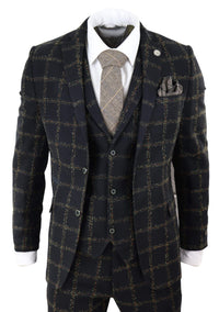 Mens Black - Tan Check Tweed 3 Piece Suit