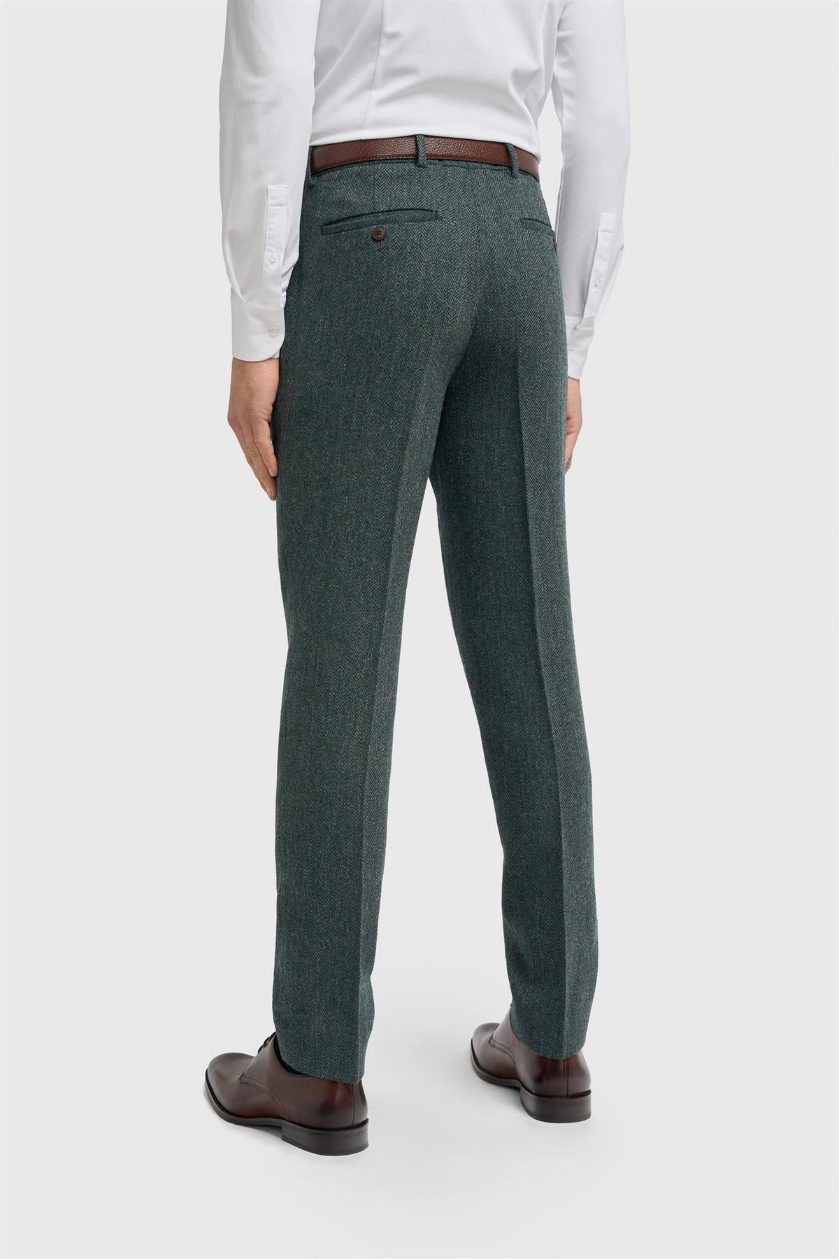 Thomas - Heren olijfkleurige wolmix visgraat tweed broek