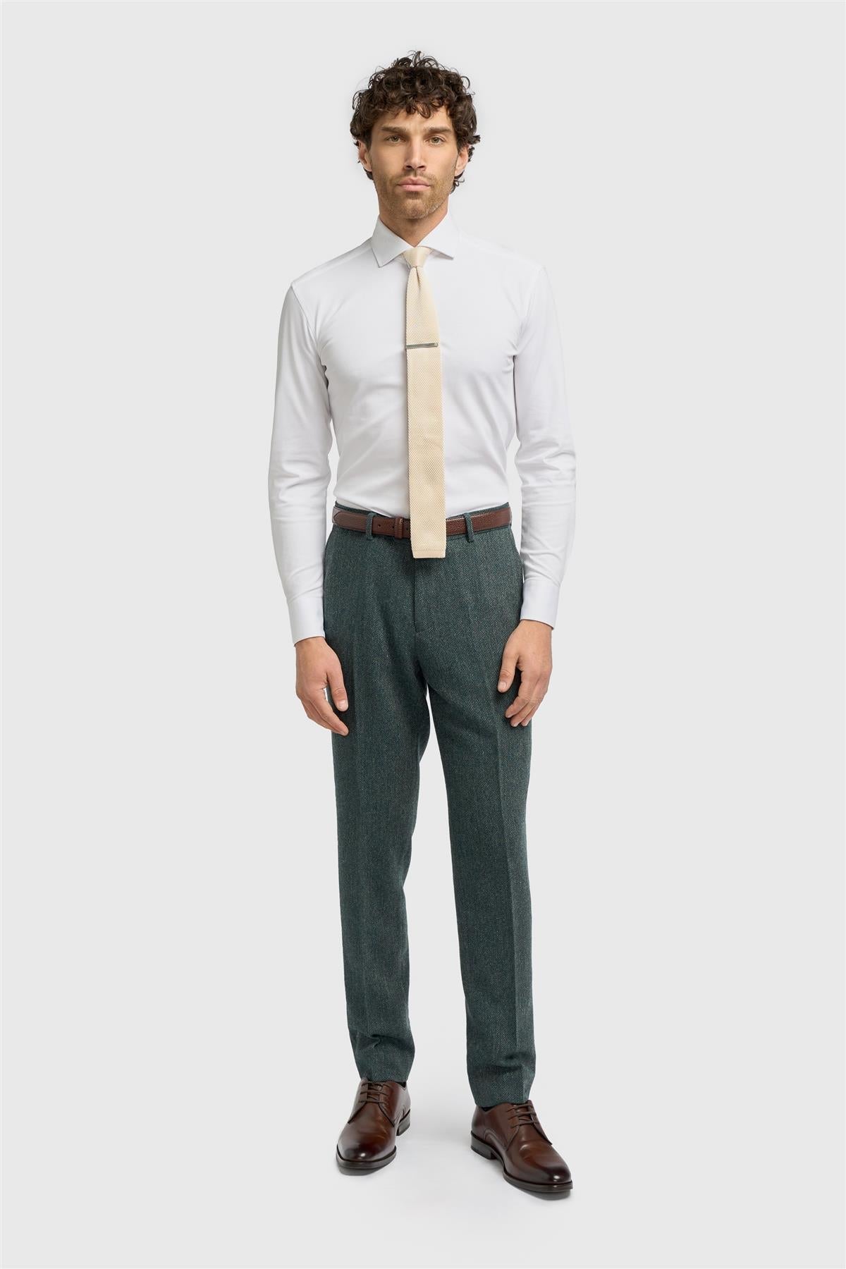Thomas - Heren olijfkleurige wolmix visgraat tweed broek