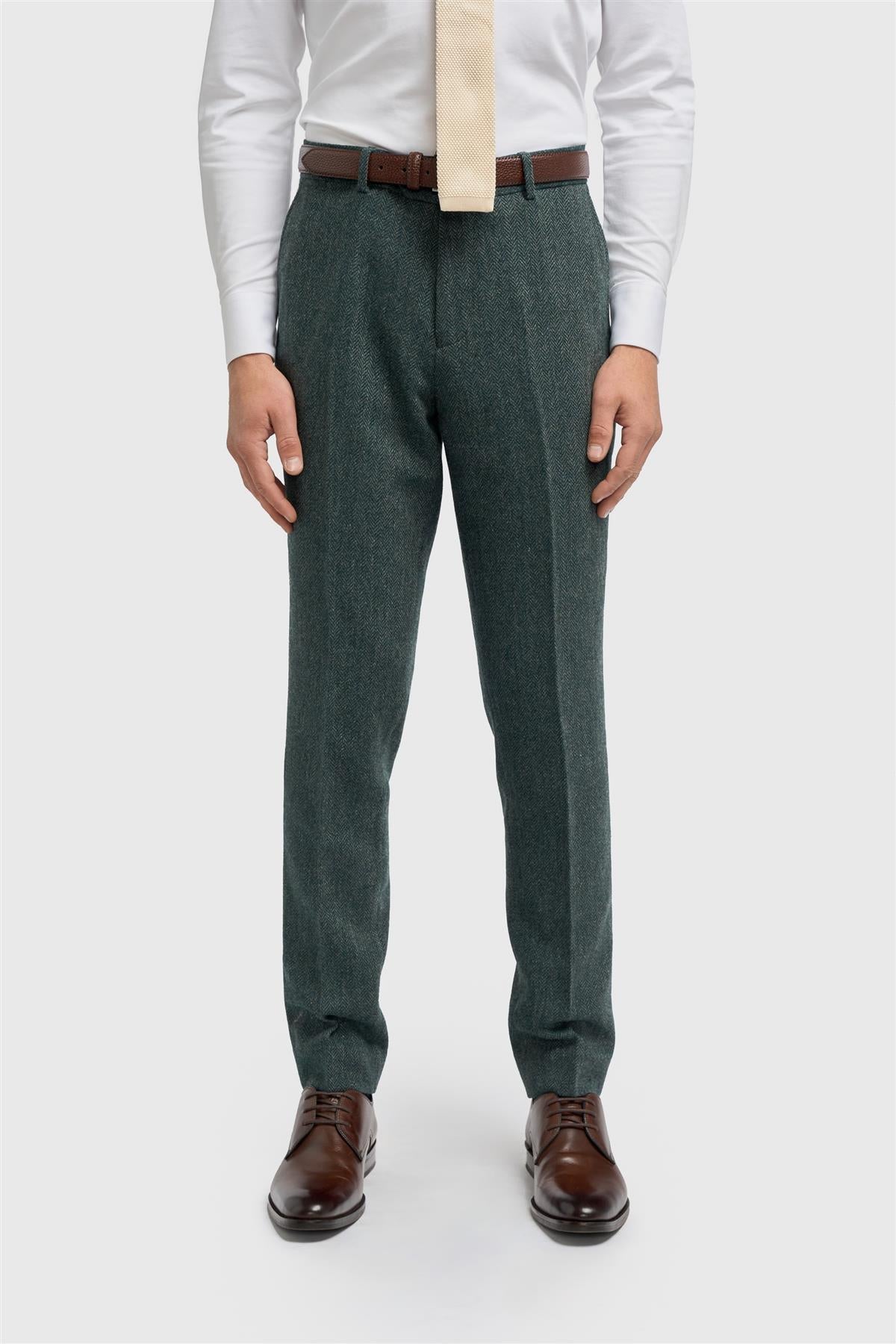 Thomas - Heren olijfkleurige wolmix visgraat tweed broek