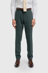 Thomas - Heren olijfkleurige wolmix visgraat tweed broek