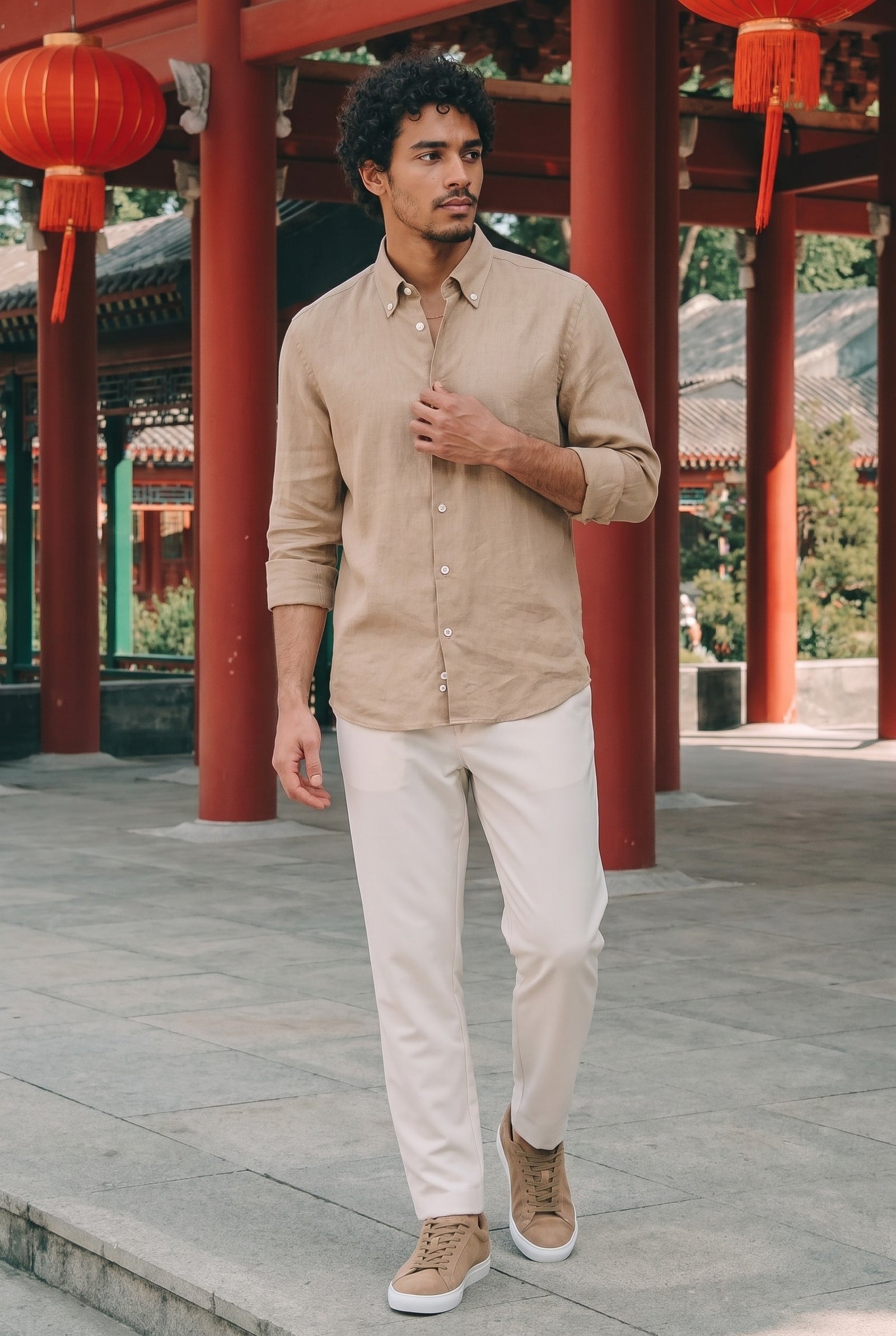 Look #890 styled with Herenoverhemd met lange mouwen, camelbruin, puur linnen, knoopsluiting, zomeroverhemd