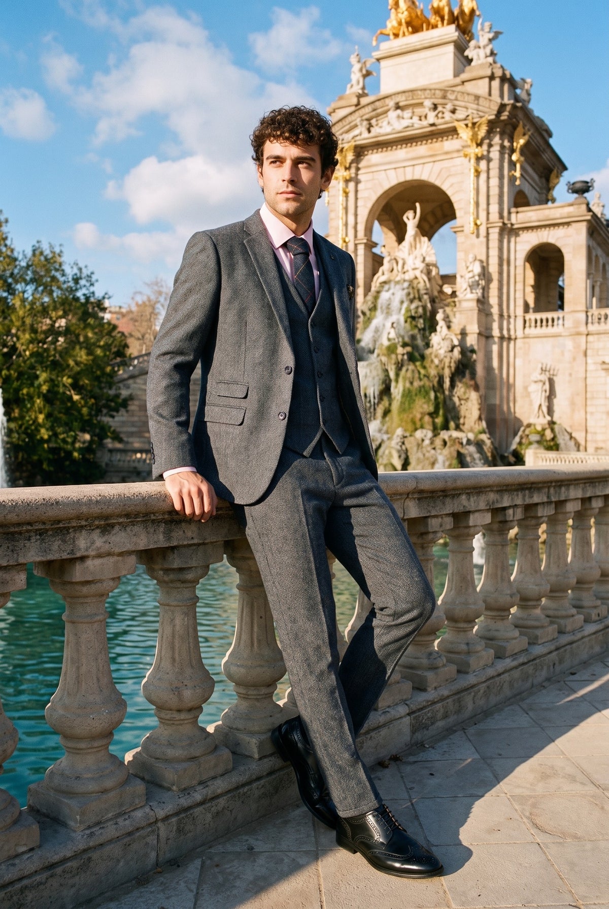 Look #955 styled with Thomas - Heren marineblauw 3-delig wolmix tweed pak