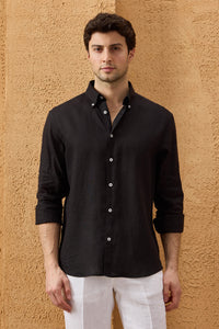 Herenoverhemd met lange mouwen, zwart, puur linnen, knoopsluiting, zomeroverhemd