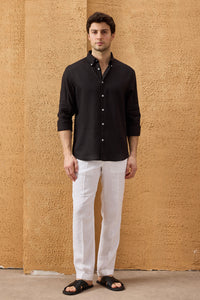 Herenoverhemd met lange mouwen, zwart, puur linnen, knoopsluiting, zomeroverhemd