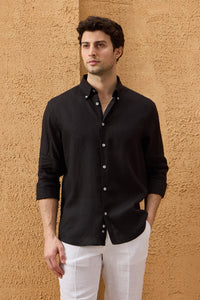 Herenoverhemd met lange mouwen, zwart, puur linnen, knoopsluiting, zomeroverhemd