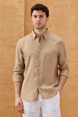 Herenoverhemd met lange mouwen, camelbruin, puur linnen, knoopsluiting, zomeroverhemd