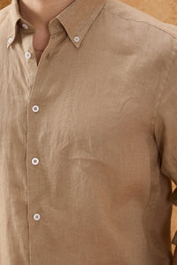Herenoverhemd met lange mouwen, camelbruin, puur linnen, knoopsluiting, zomeroverhemd