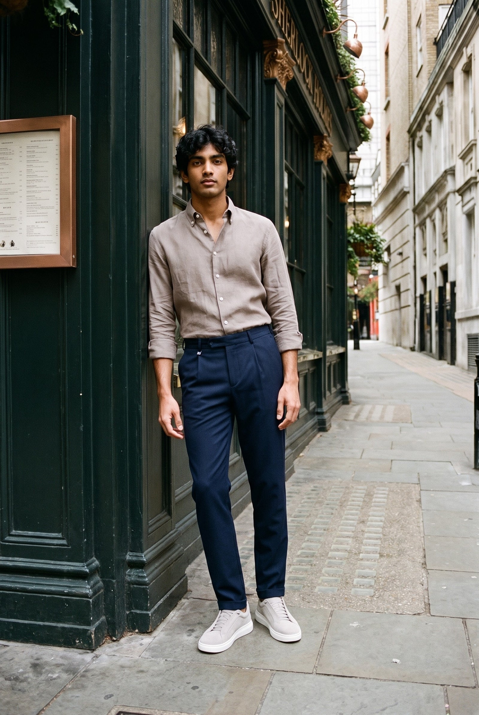 Look #1017 styled with Lichtbruin linnen herenoverhemd met lange mouwen en knoopsluiting, zomermodel.