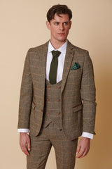 Heren 3-delig visgraat tweed bruin geruit pak, getailleerde pasvorm, dubbele klassieke pasvorm