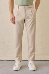 Beige geplooide Gurkha-broek voor heren, verstelbare taille, getailleerde pasvorm