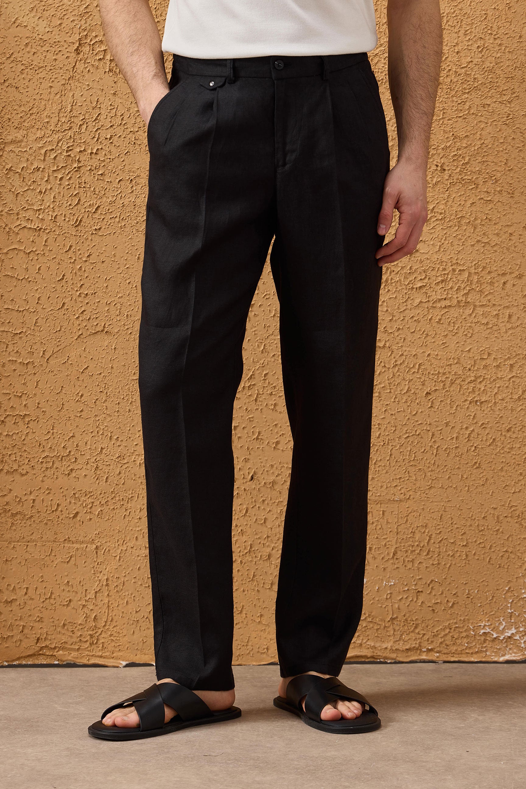 Herenpak van zwart linnen, smart casual, 2-delig, met ritssluiting aan de voorkant, safari-stijl, zomer
