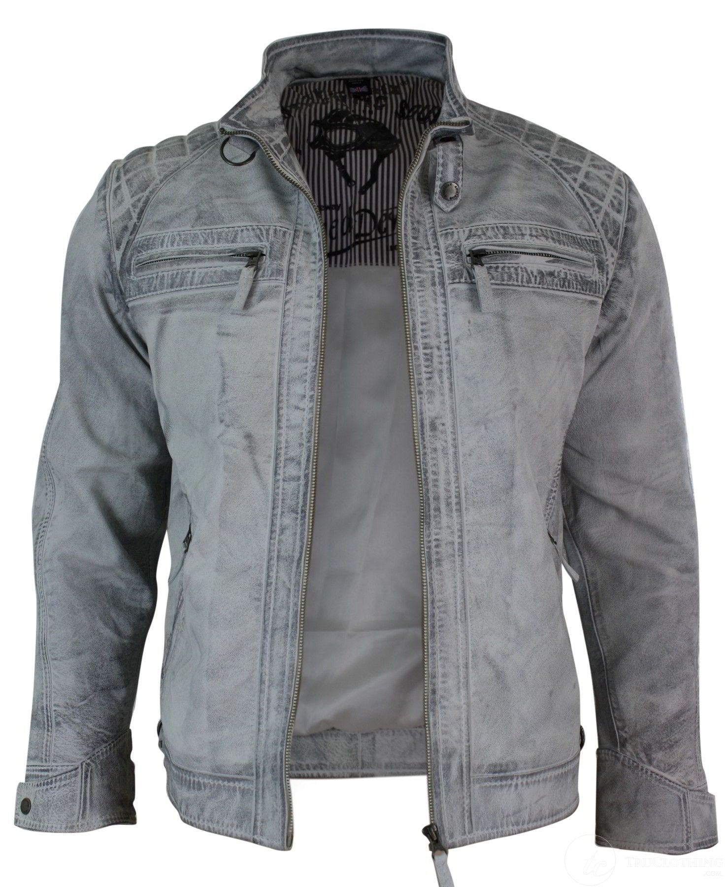 Real Leather Retro Style Zipped Biker Mens Jacket Soft White Vintage Look