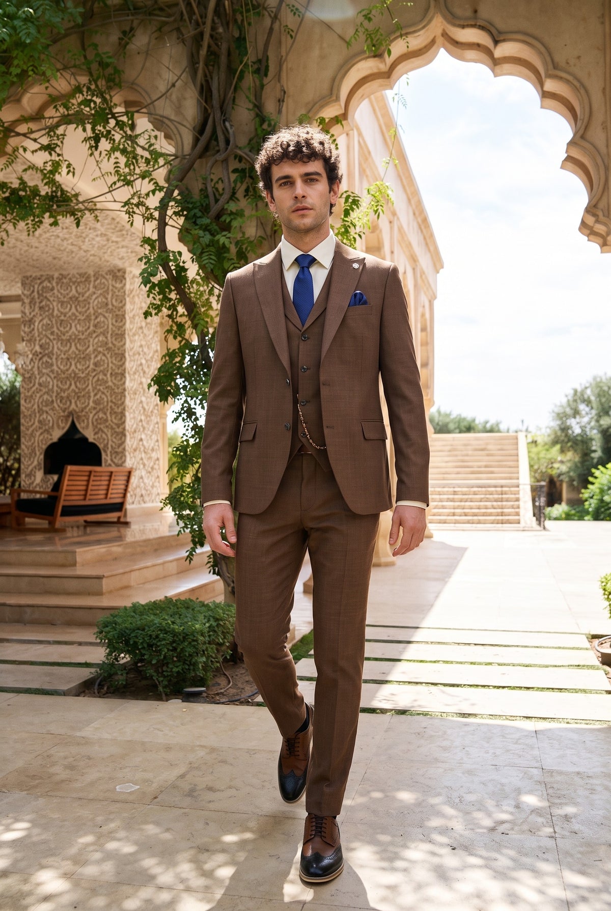 Look #328 styled with James Heren 3-delig Effen Bruin Pak met Klassieke Pasvorm