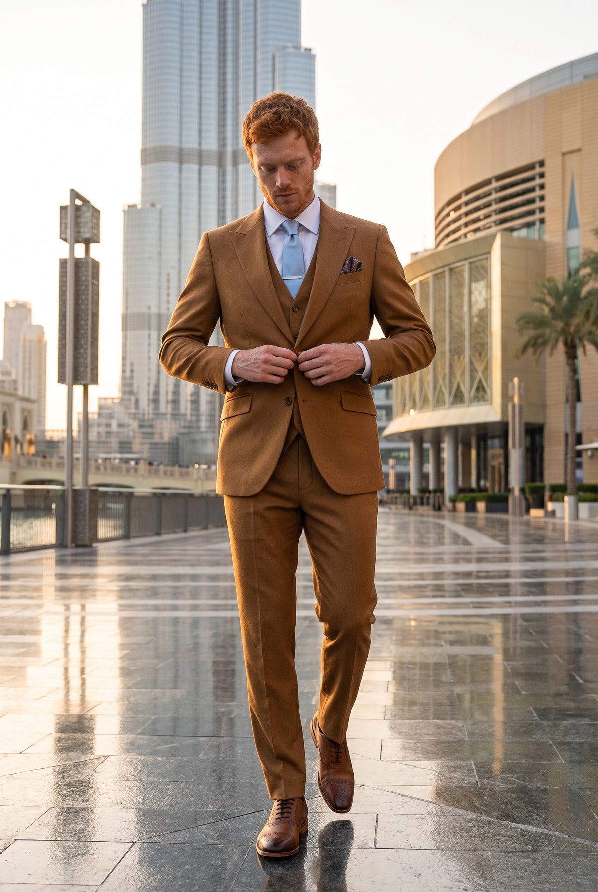 Look #952 styled with James - Heren Camelbruin 3-delig wollen maatpak