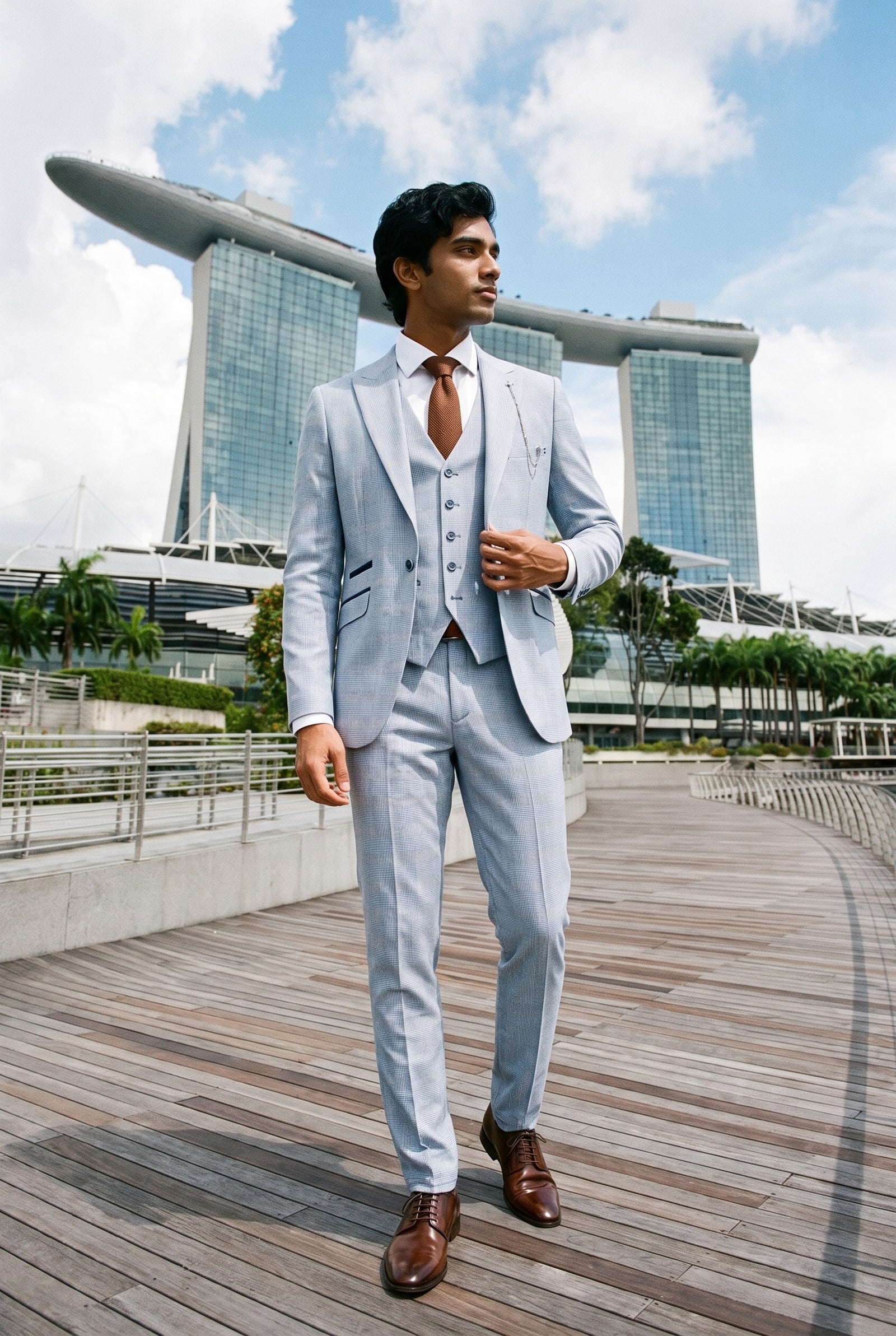 Look #1007 styled with Heren 3-delig geruit pak van tweed lichtblauw, op maat gemaakt, Peaky Classic voor bruiloften