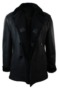 Mens Real Shearling German Navy Sheepskin Double Breasted Jacket Black Fitted