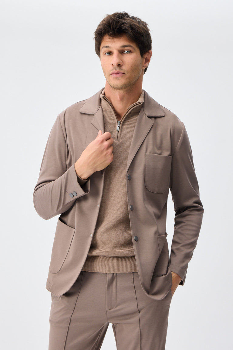 Herenblazer van zachte jersey in taupebruine, smart casual stijl