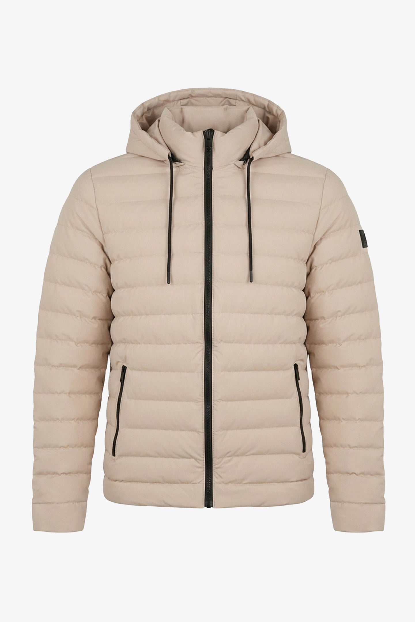 Beige heren pufferjack met capuchon, lichtgewicht gewatteerde jas met ritssluiting
