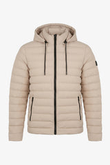 Beige heren pufferjack met capuchon, lichtgewicht gewatteerde jas met ritssluiting