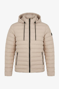 Beige heren pufferjack met capuchon, lichtgewicht gewatteerde jas met ritssluiting