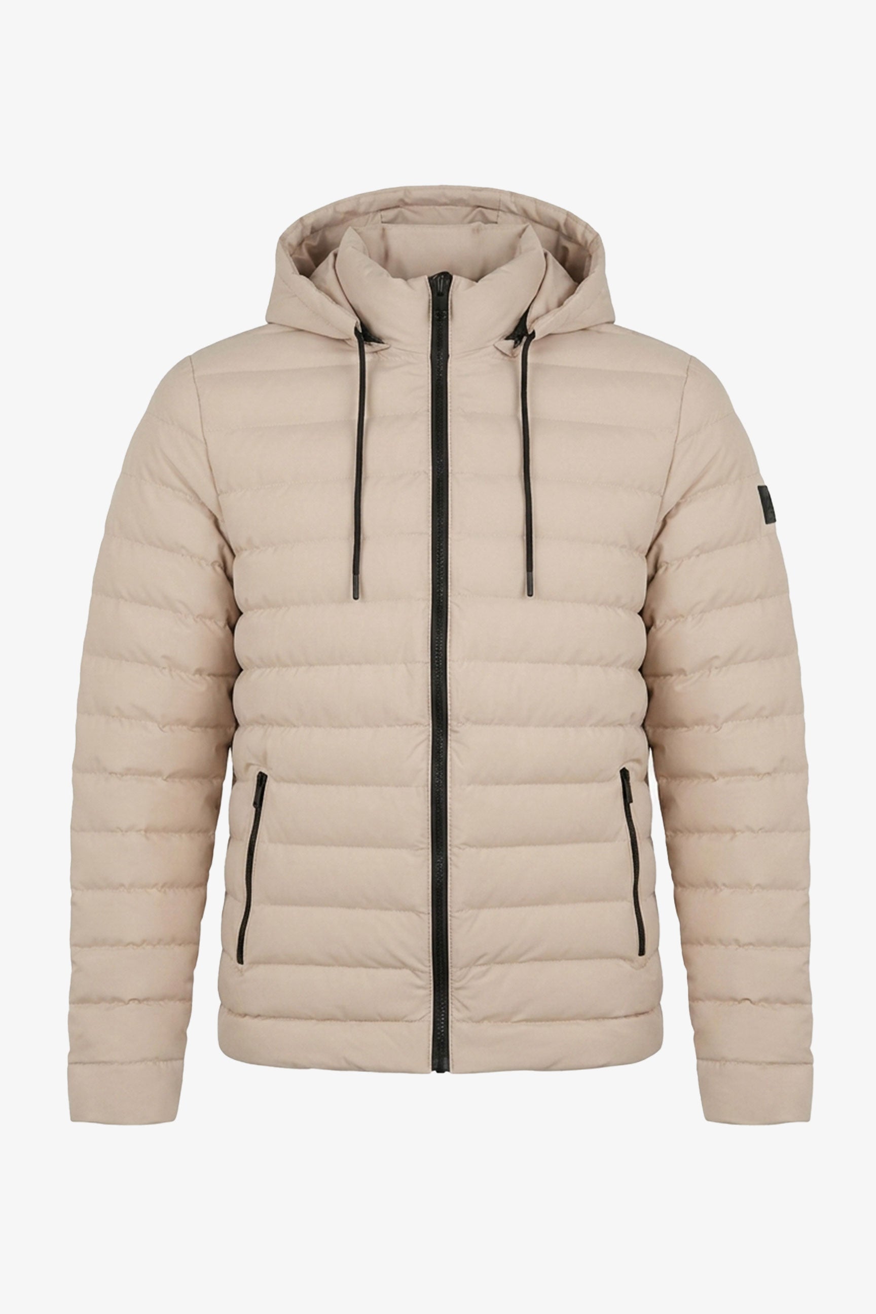 Beige heren pufferjack met capuchon, lichtgewicht gewatteerde jas met ritssluiting