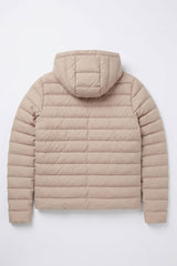 Beige heren pufferjack met capuchon, lichtgewicht gewatteerde jas met ritssluiting