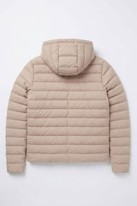 Beige heren pufferjack met capuchon, lichtgewicht gewatteerde jas met ritssluiting