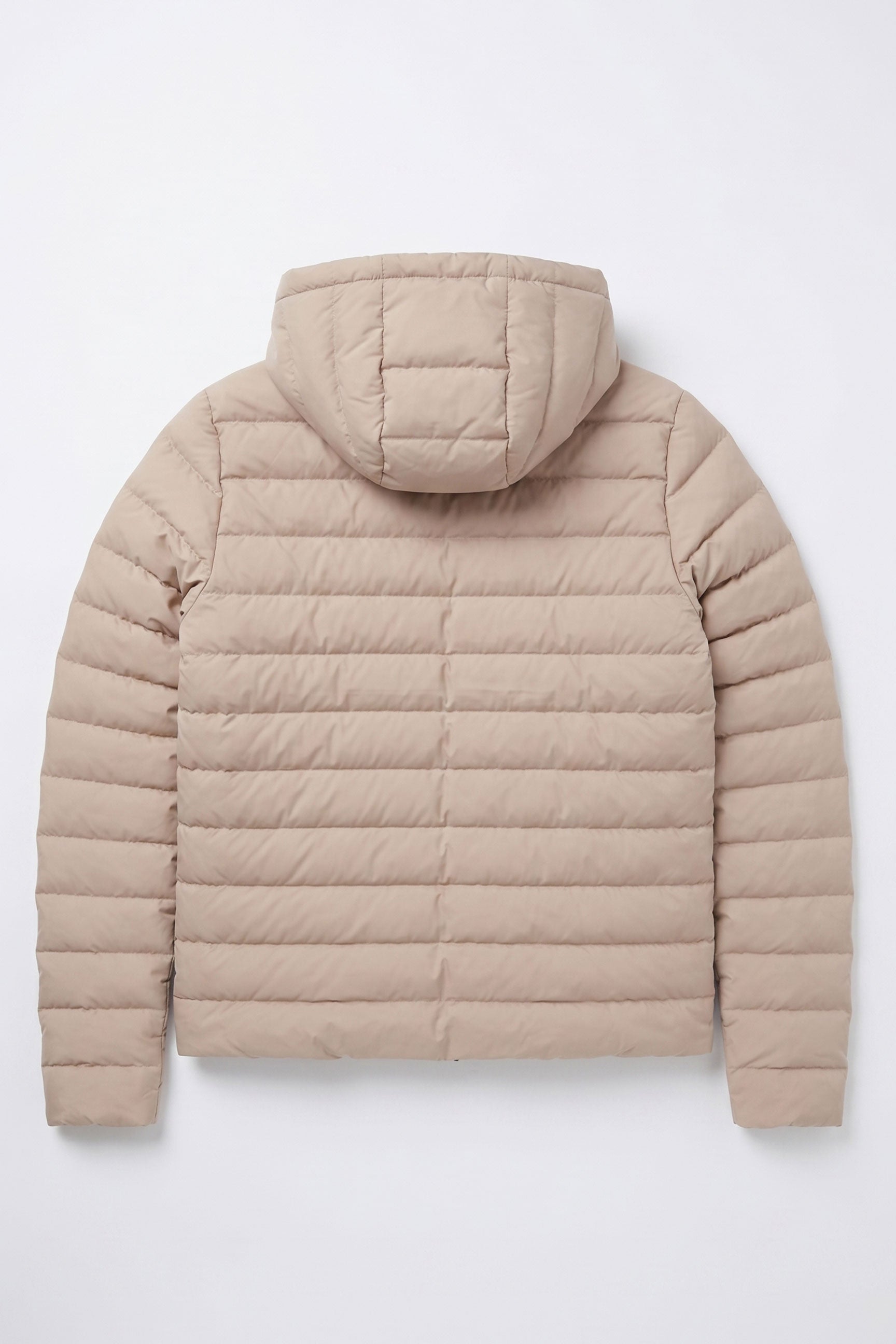 Beige heren pufferjack met capuchon, lichtgewicht gewatteerde jas met ritssluiting