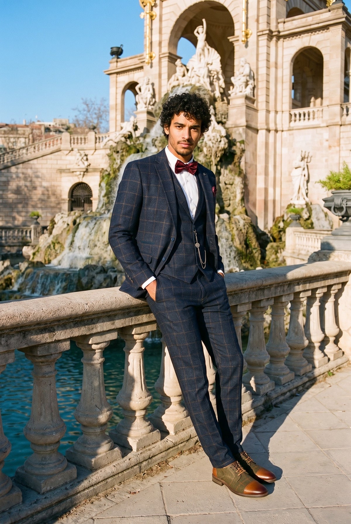 Look #728 styled with Heren 3-delig pak wollen tweed marineblauw bruin geruit jaren 20 Gatsby