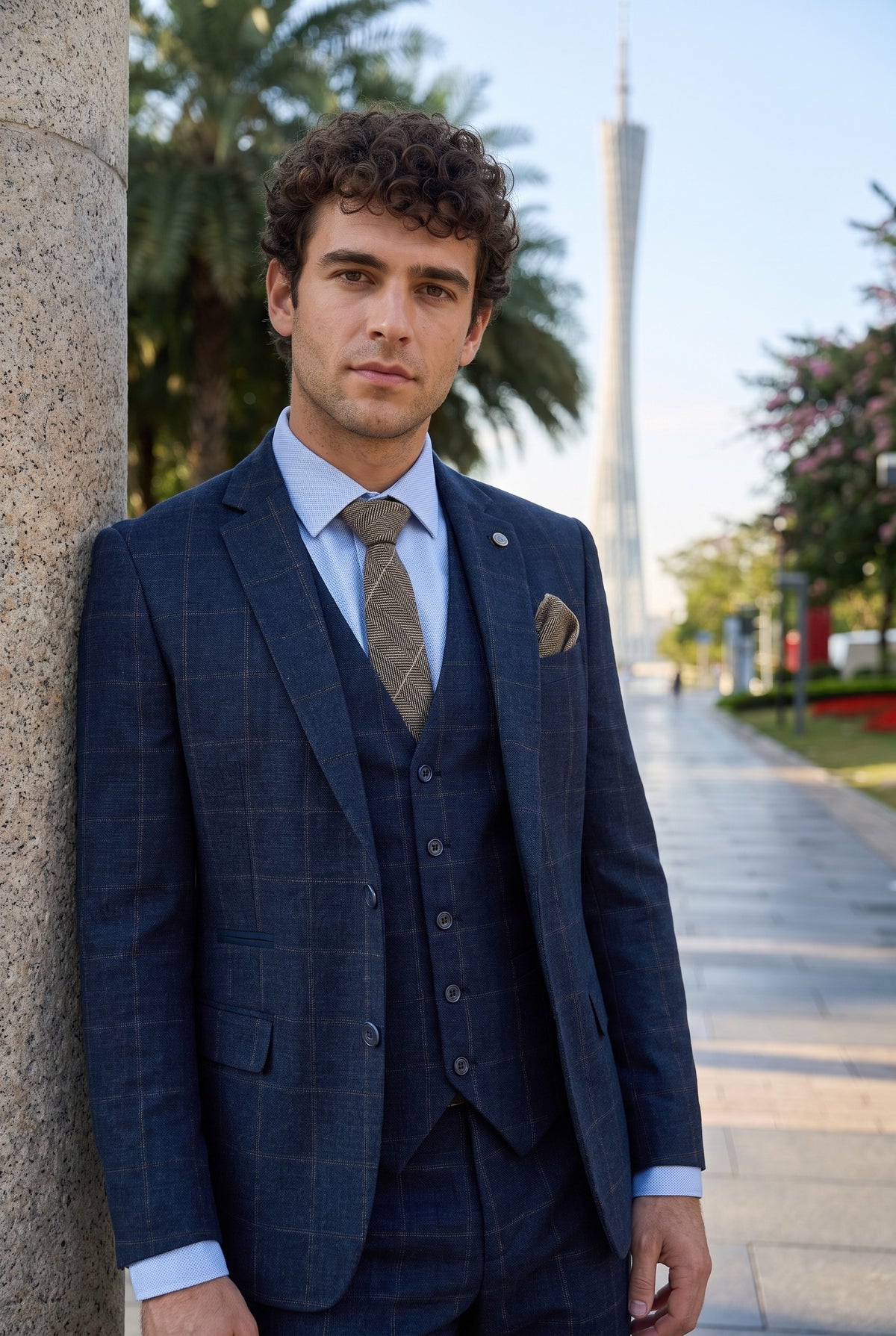 Look #729 styled with Heren 3-delig pak wollen tweed marineblauw bruin geruit jaren 20 Gatsby