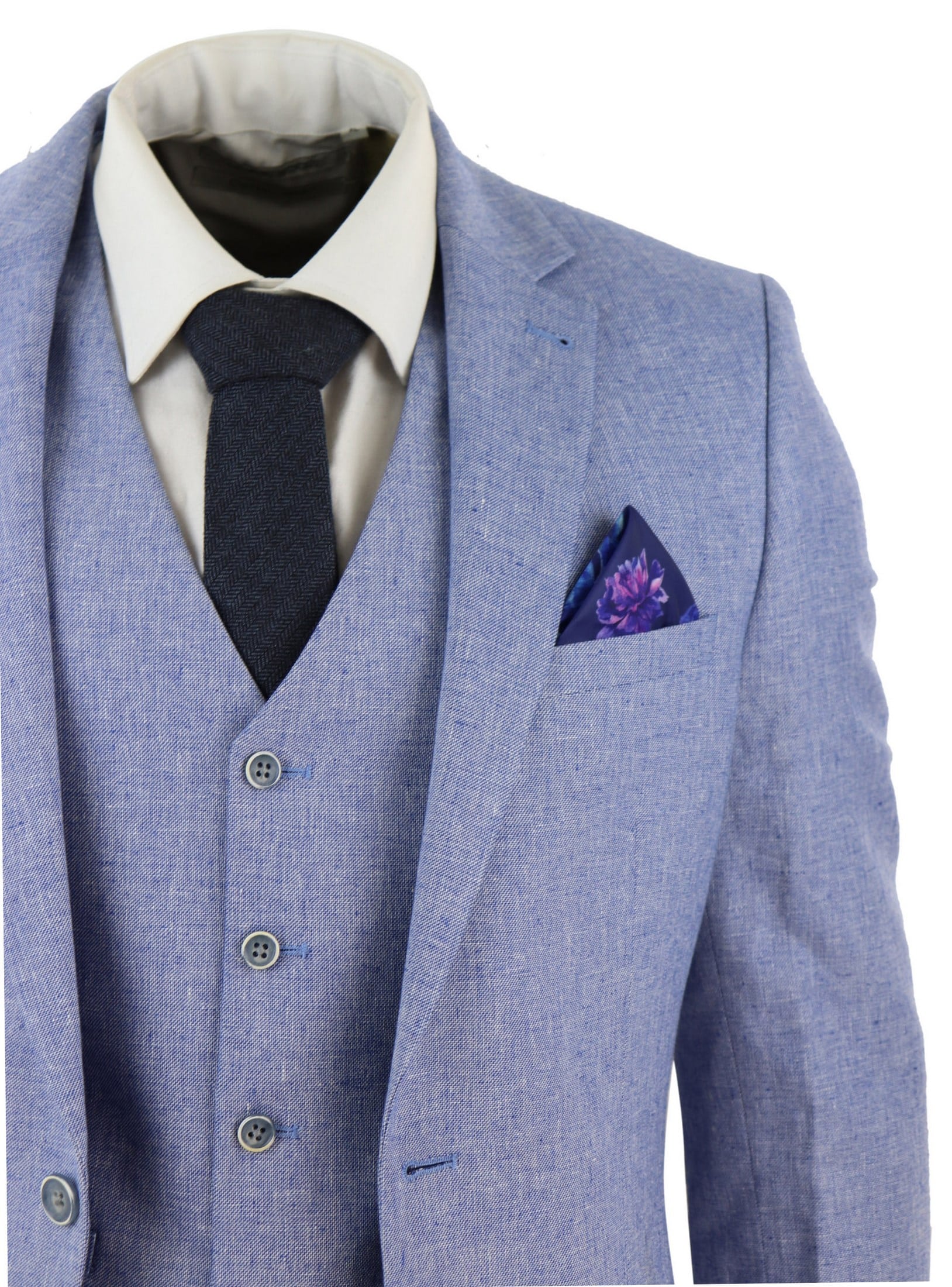 Men's Blue 3 Piece Linen Suit
