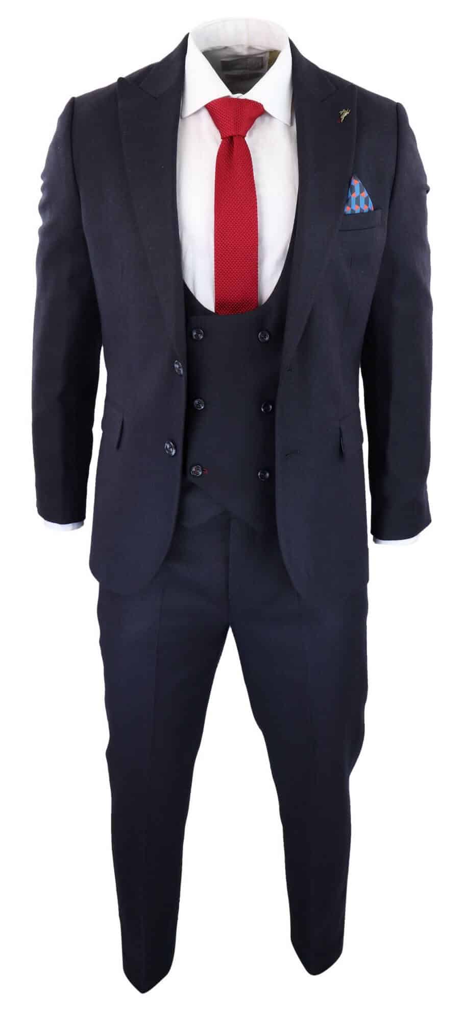 Men's Navy Herringbone 3 Piece Suit