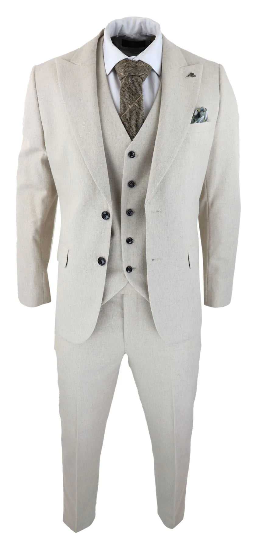 Mens Wool 3 Piece Cream Beige Suit Slim Fit Classic Wedding Party Vintage 1920s