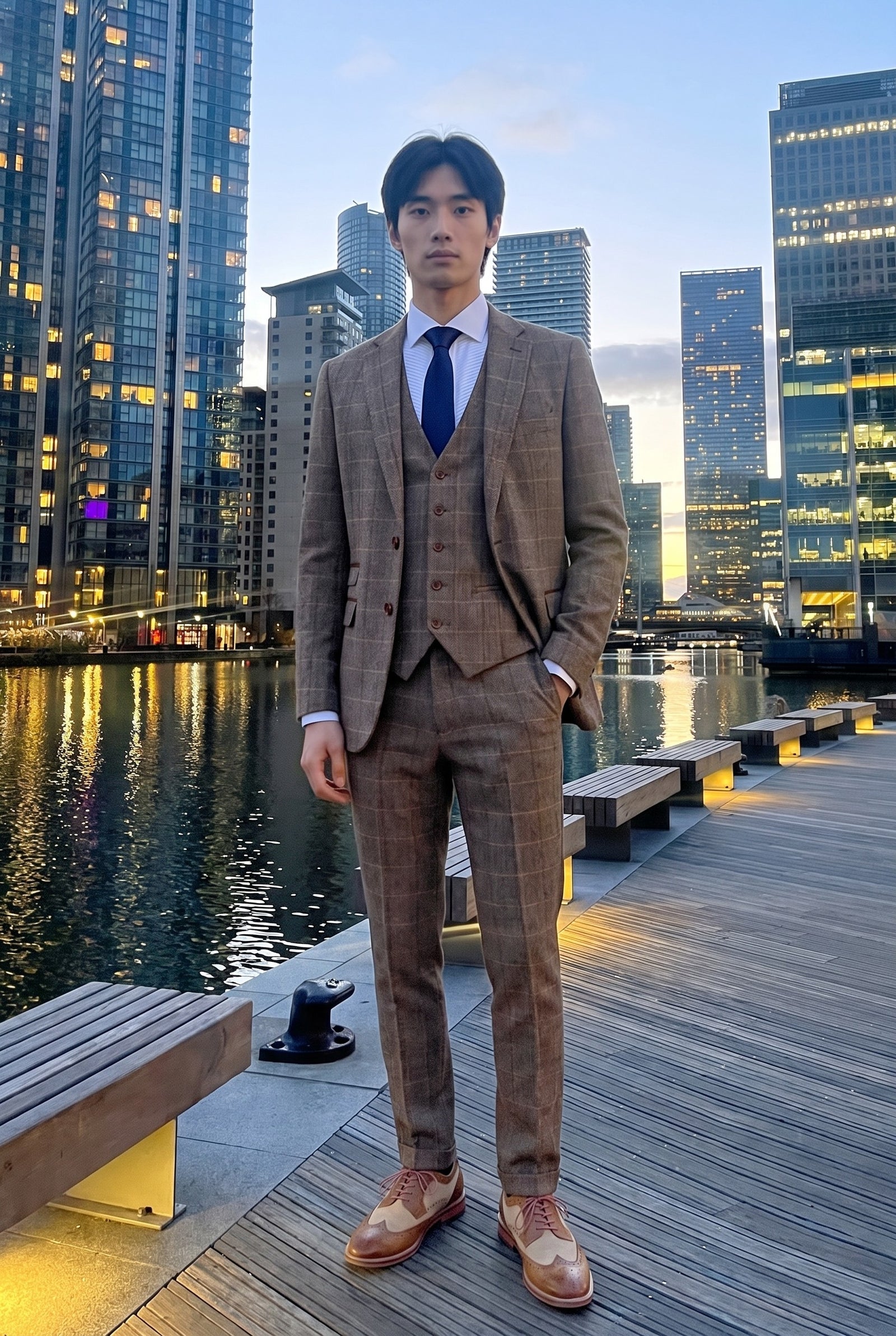 Look #536 styled with Harris - Herenpak van driedelige bruine tweed met visgraatmotief