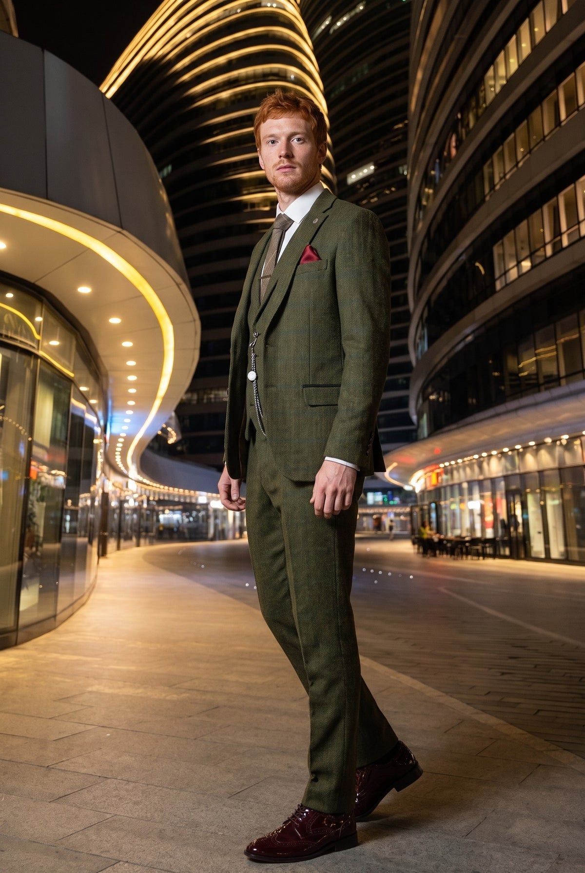 Look #708 styled with Heren 3-delig pak wollen tweed groen blauw bruin ruit jaren 20 Gatsby