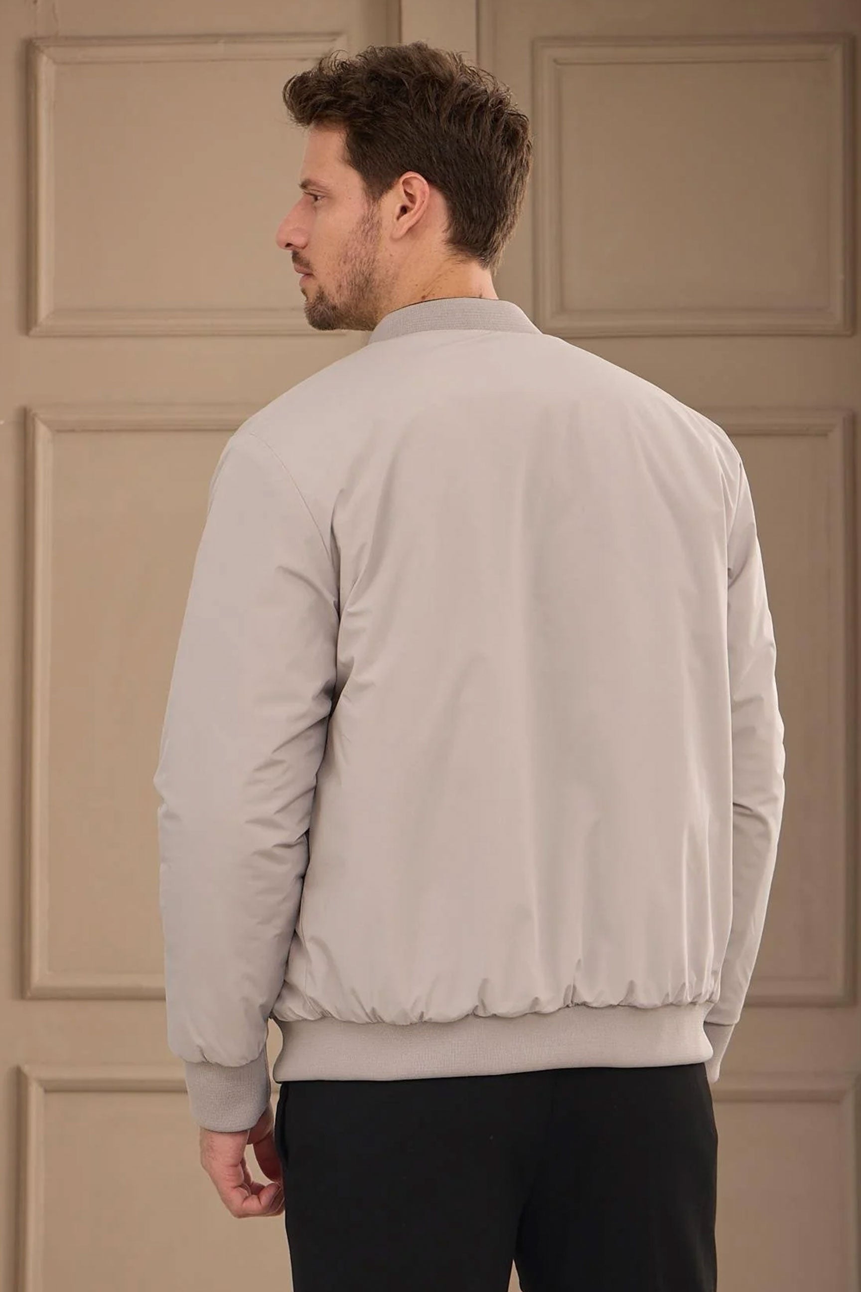Heren bomberjack, zwart en beige, omkeerbaar, lichtgewicht en gewatteerd, 2-in-1 model