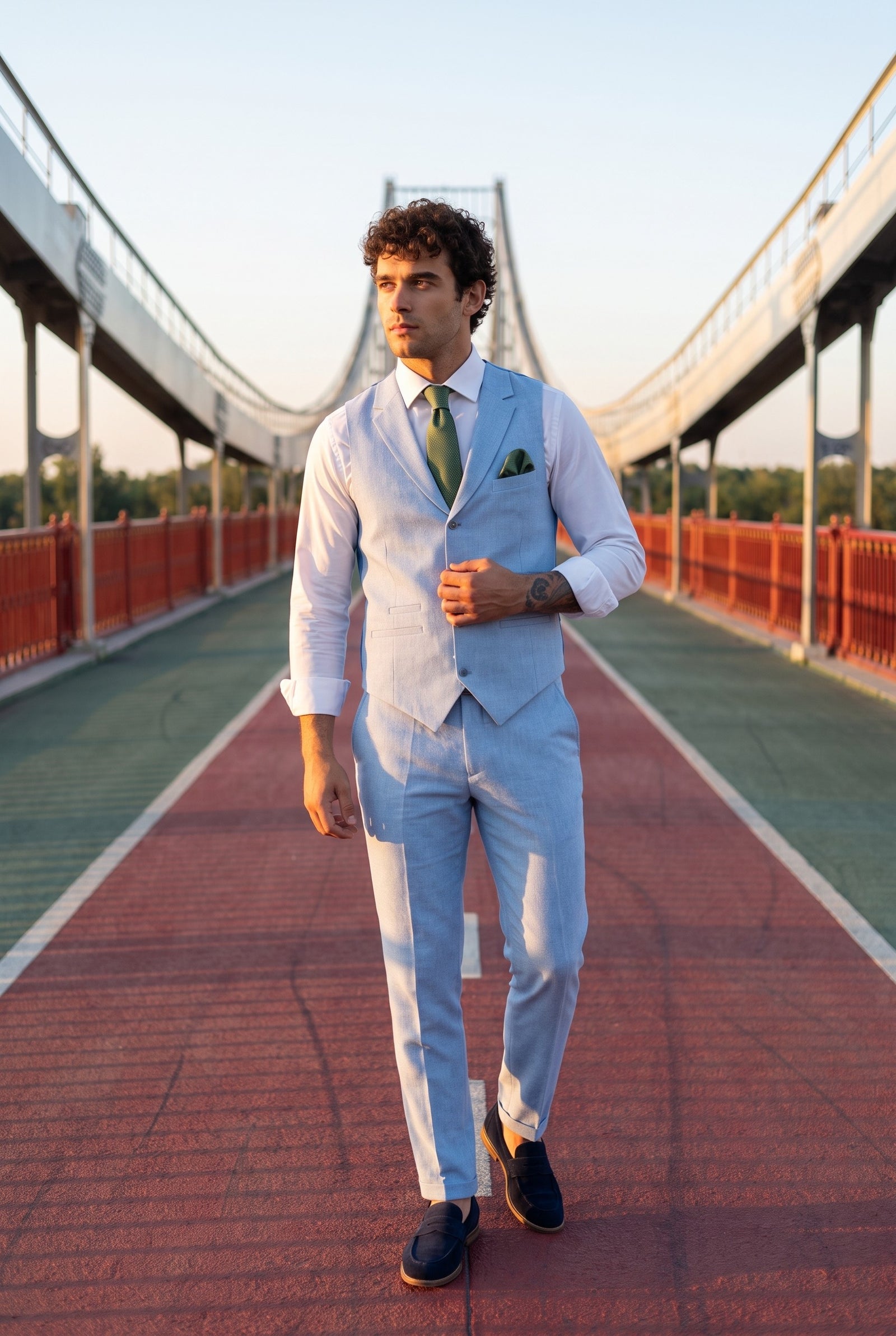Look #886 styled with TP-13 - Heren zomerpak gilet broek linnen formeel babyblauw bruiloft